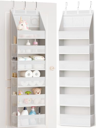 Over the Door Organizer, Heavy-Duty 6-Shelf Hanging Storage with 13 Mesh Pockets, 55lbs Capacity Behind the Door Storage for Nursery, Bathroom, Bedroom, and Dorm, White - color: White, size: 1 PACK