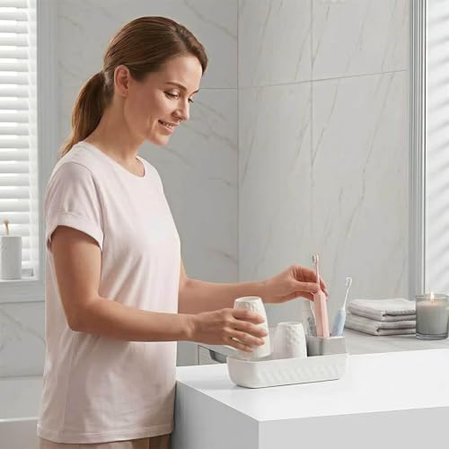 Toothbrush Holder with Cups, Electric Toothbrush and Toothpaste Organizer, Bathroom Accessories Set for Kids and Families, White & Grey - color: White & Grey