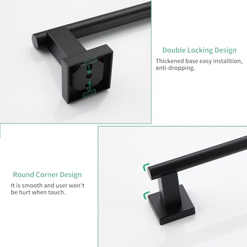 Miyili Matte Black 4-Piece Bathroom Hardware Kit Set Stainless Steel Wall Mount - Includes Double Towel Bar, Hand Towel Rack, Toilet Paper Holder, Robe Hook, BS02B4 - color: Matte Black