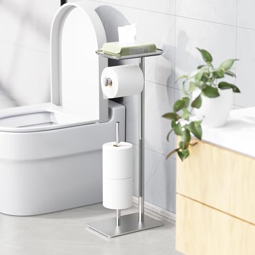 Toilet Paper Holder Stand with Top Storage Shelf | Free Standing Toilet Roll Dispenser for Bathroom, Holds 4 Reserve Rolls, Silver - color: Silver