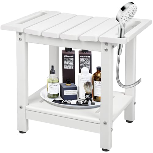Shower Bench, HDPE Waterproof Shower Chair for Inside Shower | Heavy-Duty Shower Bench with Non-Slip Adjustable Feet & Storage Shelf, Stable Bathroom Stool for Shaving Legs, White - color: White