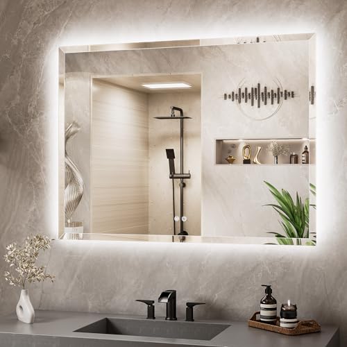 48 x 36 LED Mirror Backlit, Beveled Bathroom Mirror with Backlight, Safe Tempered Glass, 3 Color Temperature, Defogger, Dimmable, Memory Function, UL-Listed, Wall-Mounted Vanity Mirrors - size: 36"L x 48"W