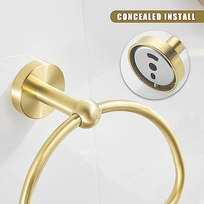 Leyden Toilet Paper Holder Towel Ring Brushed Gold Bathroom Hardware Hand Towel Holder Bathroom Accessories Set Wall Mount Stainless Steel 2 Pieces - color: Gold Round Bottom