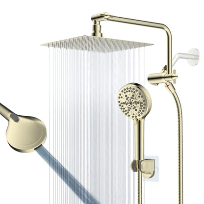 10" Metal Rainfall Shower Head with 10-Mode Handheld, Shiny Gold | NSF/ANSI/CAN 372 Certified, High Pressure Showerhead Combo with 11" Adjustable Shower Arm, 71" Hose, Shower Head Holder - color: Polished Gold, style: Square 10"