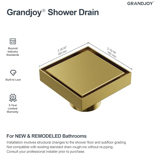4 Inch Square Shower Floor Drain, SUS304 Stainless Steel with X-Shaped High Flow Channel, Anti-Clogging Hair Strainer, No Hub Required, Brushed Gold - color: Brushed Gold, size: 4