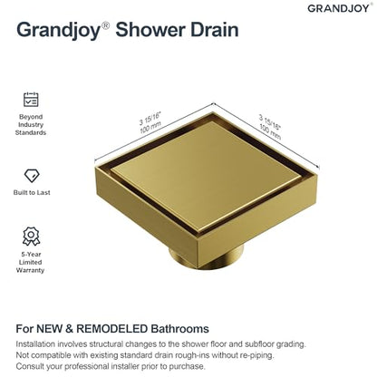 4 Inch Square Shower Floor Drain, SUS304 Stainless Steel with X-Shaped High Flow Channel, Anti-Clogging Hair Strainer, No Hub Required, Brushed Gold - color: Brushed Gold, size: 4