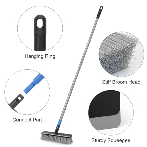 KeFanta Deck Brush with 56" Long Handle, 2 in 1 Floor Scrub Brush | Stiff Bristle Outdoor Scrubber Brush for Patio Cleaning Concrete Boat Garage Bathroom Kitchen Wall Shower
