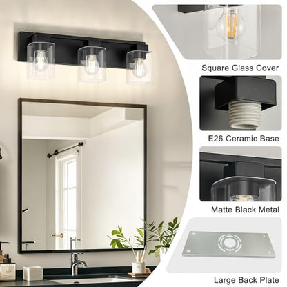 21.6 Inch Bathroom Light Fixtures, with Clear Glass Shade | 3-Light Matte Black Bathroom Lighting Fixtures Over Mirror, Modern Wall Light, bathroom vanity light E26 Socket, ETL - color: Black, size: 3-Light