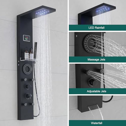 Hoimpro Matte Black LED Shower Panel Tower System,2 In 1Function Shower Panel Light Rainfall Waterfall Shower Rain Massage System with Body Jets Handheld Shower Sprayer, Stainless Steel, Wall Mount - color: Matte Black