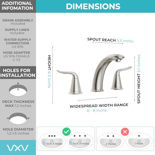 VXV Bathroom Faucet 3 Hole, 8 Inch Widespread Bathroom Sink Faucet for Lavatory Vanity with Pop-up Drain Brushed Nickel