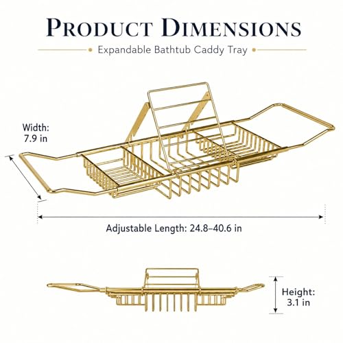 Bathtub Caddy Tray for Tub, Expandable Stainless Steel Bath Tray with Book Holder, Over Tub Organizer Rack for Tablet, Soap, Towel, Spa Bath Accessories(Rose Gold)