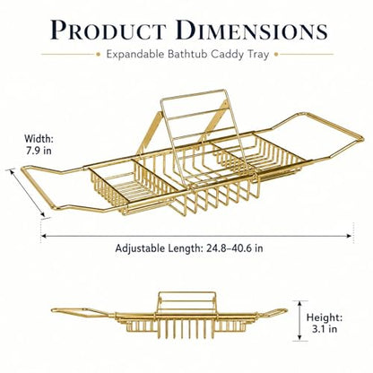 Bathtub Caddy Tray for Tub, Expandable Stainless Steel Bath Tray with Book Holder, Over Tub Organizer Rack for Tablet, Soap, Towel, Spa Bath Accessories(Rose Gold)