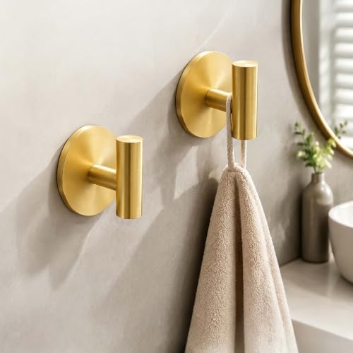 2 Pack Waterproof Adhesive Tissue Wall Hooks, Sticky Mount Hooks for Towel, Robe, Clothes-Golden - color: Golden