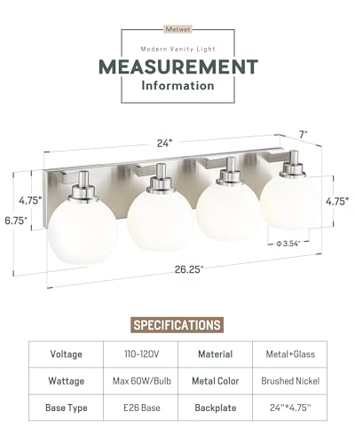 4-Light Brushed Nickel Bathroom Vanity Light, Milk Glass Globe Shade | 26" modern bathroom light fixtures over mirror, E26 base, bulbs not included, VL195-BN-ML-4 - color: Brushed Nickel, Milk Glass, size: 4-light