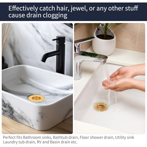 Snailhouse Bathroom Sink Strainers, 2 Pack 1.96 Inches Stainless Steel Small Utility Mesh Sink Drain Stopper Basket Cover Plug Screen, Gold