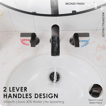 Oil Rubbed Bronze Bathroom Sink Faucet Widespread, 8 Inch Waterfall Faucet Bathroom 3 Hole with Pop-up Drain and cUPC Supply Lines, 2 Handles for Vanity, Restroom, Farmhouse, Brass Material - color: Oil Rubbed Bronze - Farmhouse