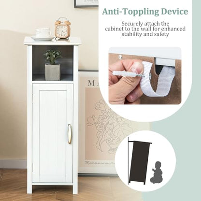 COSTWAY Bathroom Storage Cabinet, Freestanding Narrow Storage Organizer with Open Shelf & Adjustable Shelf, Small Slim Floor Cabinet for Bathroom, Living Room, Entryway, Office, White | with Open Shelf & Adjustable Shelf, Small Slim Floor Cabinet for Bath