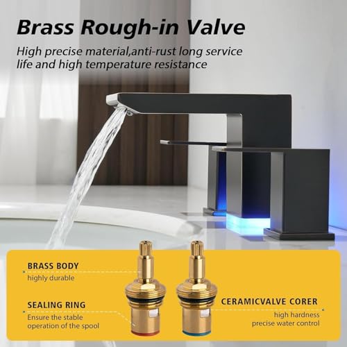 BESy LED Oil Rubbed Bronze Square Bathroom Faucets 3 Hole Waterfall 8 Inch Widespread with 3 Colors Light Changing Sink Faucet with Pop-up Drain, Supply Lines 2 Handles for Vanity, Lavatory, Restroom - color: Oil Rubbed Bronze