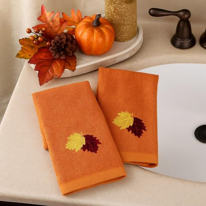 Fall Bathroom Leaf Fingertip Towels: Embroidered Gold Burgundy Leaves on Rust Orange, 2 Piece Bath Set, 12 x 18 Inches Each - color: Rust
