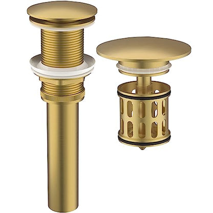 Bathroom Pop up Drain Without Overflow, Anti-Clogging Vessel Sink Drain Strainer, Pop Up Drain with Detachable Basket, Hair Catcher Bathroom Sink Drain Stopper(Brushed Gold, No Overflow) | Anti-Clogging Vessel Sink Drain Strainer, Pop Up Drain with Detach