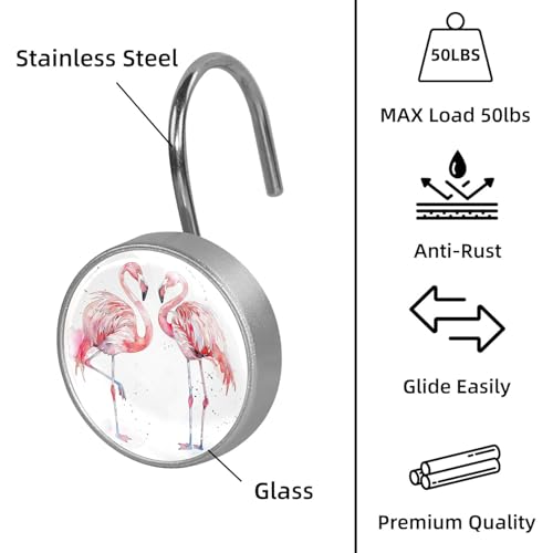 Pink Flamingo Shower Curtain Hooks Set of 12 | Bathroom Decor Rustproof Metal Decorative Shower Hooks Rings for Curtains Rods
