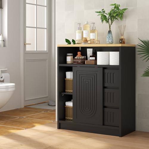Gyfimoie Freestanding Bathroom Storage Cabinet with 3 Drawers & 1 Sliding Door, Floor Cabinet with Adjustable Shelves for Bathroom, Entryway (Black)