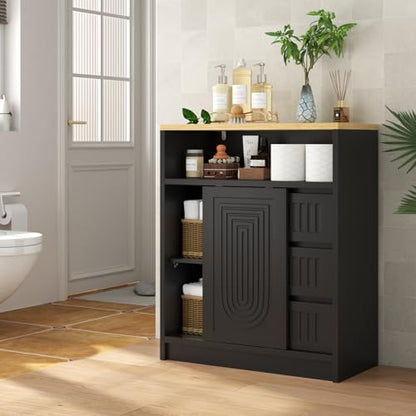 Gyfimoie Freestanding Bathroom Storage Cabinet with 3 Drawers & 1 Sliding Door, Floor Cabinet with Adjustable Shelves for Bathroom, Entryway (Black)