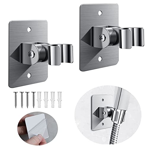 2Pieces Adjustable Angle Shower Head Holder, Bathroom Shower Wand Holder, Universal Shower Bracket, SUS304 Stainless Steel Handheld Shower Head ( Self Adhesive+Screw)