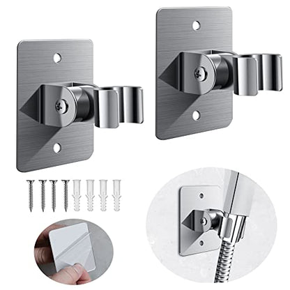 2Pieces Adjustable Angle Shower Head Holder, Bathroom Shower Wand Holder, Universal Shower Bracket, SUS304 Stainless Steel Handheld Shower Head ( Self Adhesive+Screw)