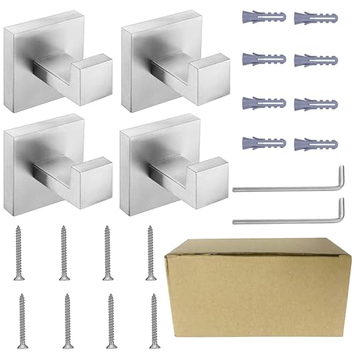Nolimas Towel Hook Stainless Steel Bathroom Rustproof Clothes Towel Coat Hook Wall Mounted Square Toilet Kitchen, Heavy Duty Door Hanger, 4 Pack, Brushed Nickel - color: Brushed Nickel, size: 4 Pack