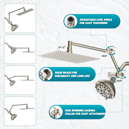 All Metal Shower Head, 10" High Pressure Dual Rainfall/Handheld Shower Head Combo with 16" Adjustable Shower Extension Arm, 7 Spray Modes Fixed Showerhead, 3-Way Diverter Valve, Brushed Nickel - color: Brushed Nickel, style: Square