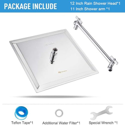 NearMoon Rain Shower Head with 11’’ Adjustable Extension Arm, Large Stainless Steel High Flow Rainfall Square Head, Bath Shower Waterfall Full Body Coverage (12 Inch, Chrome) - color: Chrome, size: 12 Inch