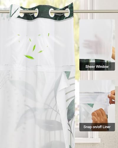 Modern No Hook Shower Curtain with Snap in Liner Set, 71x74 Inch | Double layer Waterproof Fabric with Mesh Top, Abstract Green Botanical Leaf & Geometric Print for Boho & Mid Century Bathroom - color: Boho-3