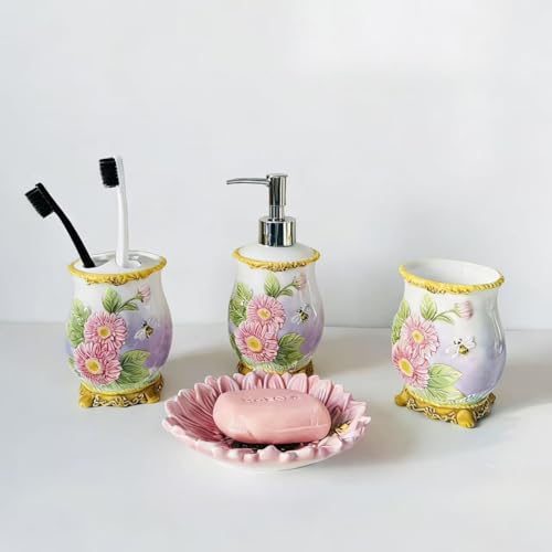 Ceramic Sunflower Bathroom Accessories Set, 4 Piece Bathroom Ensemble Set with Toothbrush Holder, Toothbrush Cup, Soap Dispenser, Soap Dish (Pink) - color: Pink