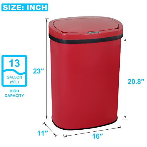 13 Gallon 50L Touch Free Automatic Stainless Steel Trash Can Garbage Can Metal Trash Bin with Lid for Kitchen Living Room Office Bathroom, Electronic Motion Sensor Automatic Trash Can - Red - color: Red