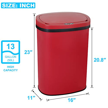 13 Gallon 50L Touch Free Automatic Stainless Steel Trash Can Garbage Can Metal Trash Bin with Lid for Kitchen Living Room Office Bathroom, Electronic Motion Sensor Automatic Trash Can - Red - color: Red