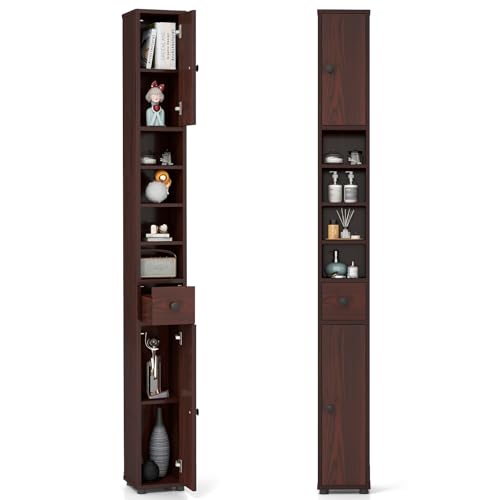 Tangkula Tall Slim Bathroom Storage Cabinet, 71" Freestanding Bathroom Cabinet w/ 2 Doors, 1 Drawer & 5 Adjustable Shelves, Floor Narrow Tower Cabinet for Small Spaces, 8" x 8" x 71" (Brown) - color: Brown