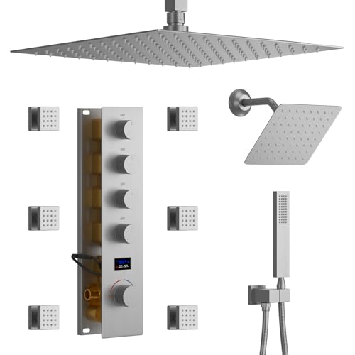 Brushed Nickel Shower System Tempreature Display Shower Fuacet Set | 12 inch and 8 inch Full Body Shower Head, with 6 PCS Body Jet and Handheld Spray - color: Brushed Nickel, size: 12+8 inch