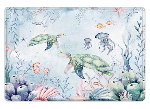 HVEST Sea Turtle Bath Mat for Bathroom, Ocean Coral Fish Jellyfish Pattern Non-Slip Bathroom Mat, Sealife Memory Foam Bath Rug, Shower Mats, Quick-Drying Toilet Rug, 23X15 Inches - color: Green