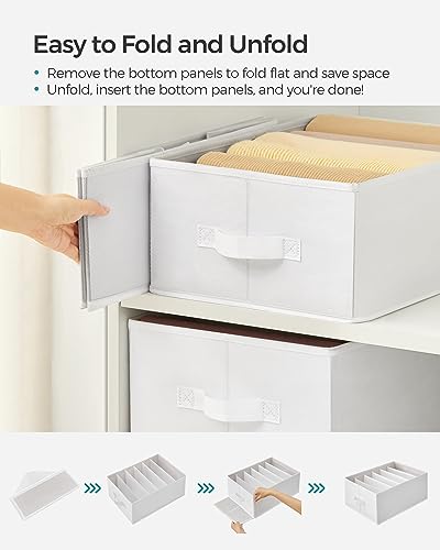 SONGMICS Set of 4 Large Size Wardrobe Clothes Organizers, 6-Compartment Foldable Drawer Organizers with Handles, 16.5 x 11.8 x 6.7 Inches, for Pants, Sweaters, Jeans, Cloud White URUS009W04 | 6-Compartment Foldable Drawer Organizers with Handles, 16.5 x 1