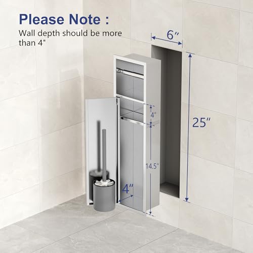 Qeke in Wall Toilet Brush Holder w/Cabinet, Brushed, 4" Depth | 304 Stainless Steel Rustproof Recessed Toilet Brush Holder, Tissue Paper Holder w/ Toilet Brush for Bathroom - color: Brushed Nickel