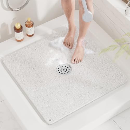 HITSLAM Square Loofah Shower Mat, 24x24 Inch Non Slip Bath Mat, White | Cushioned PVC Bathtub Mat Without Suction Cups, Quick Drying With Middle Drain Hole, Hanging Holes For Easy Storage - color: White, size: 24" x 24" (Square)