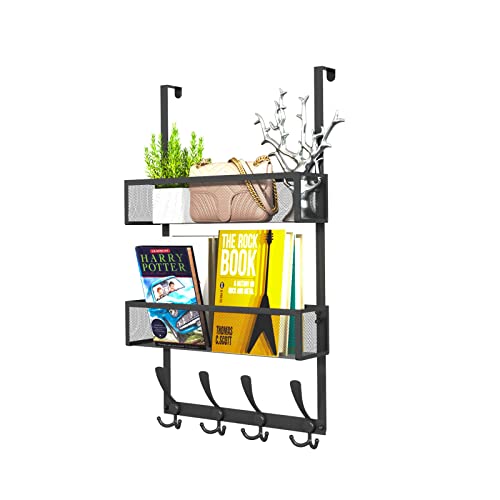 Kaiferty Over The Door Hooks Organizer,Coat Rack with 12 Hooks and 2 Mesh Baskets,Back of Door Storage Organizer for Bathroom,Bedroom,Kitchen,Office(Black) - color: 2 Upgrated Baskets-Black
