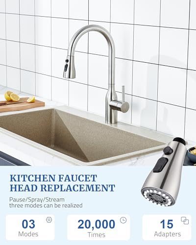 Kitchen Faucet Head Replacement, Metal Pull Down Sprayer with 15 Adapters | 304 Stainless Steel, 3 Functions:Stream/Spray/Pause, Sink Faucet Head Replacement, Brushed Nickel, Compatible with Moen Delta