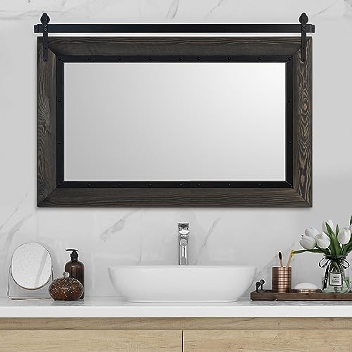 Farmhouse Barn Door Mirror, 40"x26" Rustic Bathroom Mirror, Wood Frame Wall Mirror, Wooden Mirror for Living Room Bedroom Entryway Wall Décor, Horizontal Hanging ONLY - color: Ebony, size: 40"L x 26"W