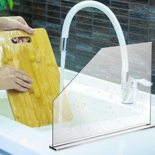 Vesici 2 Pcs Clear Acrylic Sink Splash Guard Freestanding Panel Barrier with Easy Reach Cutaway Kitchen Guard Protective Splatter Barrier for Home Hospital(23.625" Length, 18" Height, 4.5" Base) - size: 23.625" Length, 18" Height, 4.5" Base