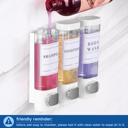 Shower Soap Dispenser Wall Mounted No Drill Shampoo Dispenser for Shower Wall Shampoo and Conditioner Dispenser Bathroom Hotel 3 * 300ml White with Labels - color: White