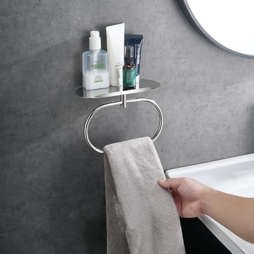 Towel Ring with Shelf Steel Self, Stainless Steel Bath Towel Rings, Self Adhesive Hand Towel Ring for Bathroom, Wall Mounted Towel Hanger for Bathroom Kitchen (Chrome) - color: Chrome
