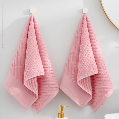 sense gnosis Pink Hand Towels Diagonal Bar Pattern 13" X 29", 2PC | 100% Terry Cotton Towel Super Soft Highly Absorbent Face Towel for Bathroom - color: Pink