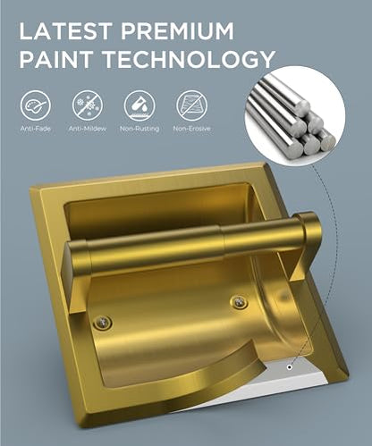 FORIOUS Recessed Toilet Paper Holder for Mega Rolls, Brushed Gold | Stainless Steel Tissue Roll Holder Wall Mount for Bathroom Space-Saving Design, in Wall Toilet Paper Dispenser Insert - color: Gold